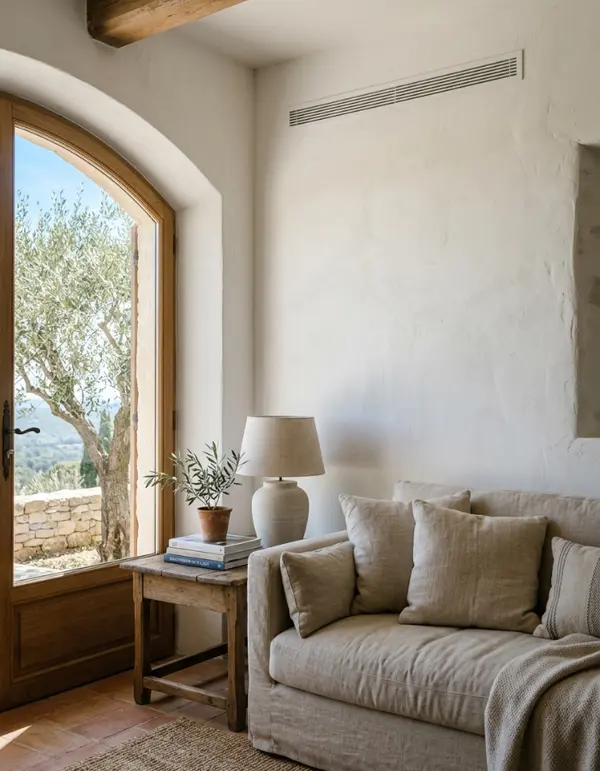 Grille de soufflage linéaire pour climatisation gainable, intégration invisible dans une villa moderne à Bormes-les-Mimosas.