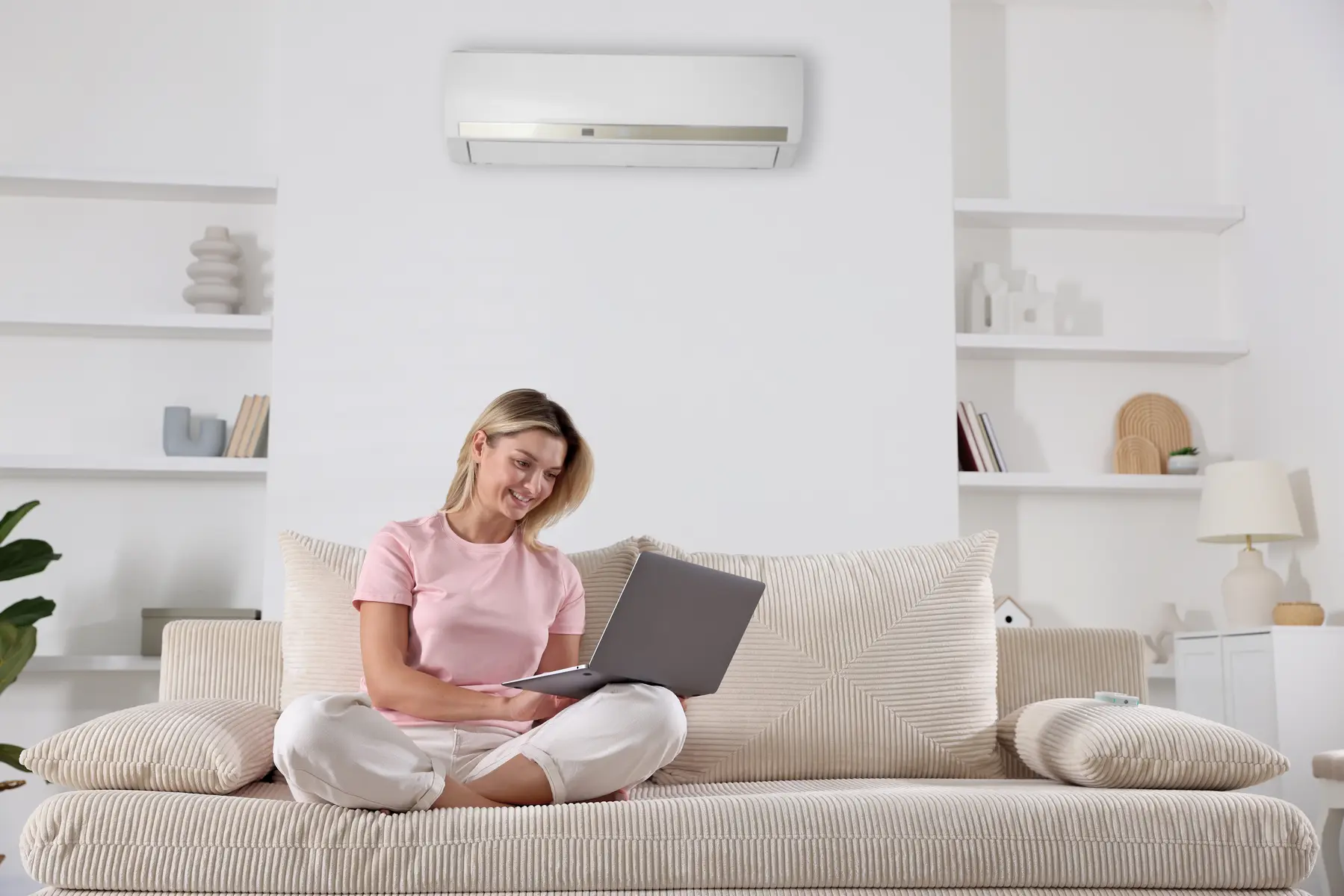 Installation d'une climatisation murale blanche ultra-silencieuse dans une villa moderne à Bormes-les-Mimosas.