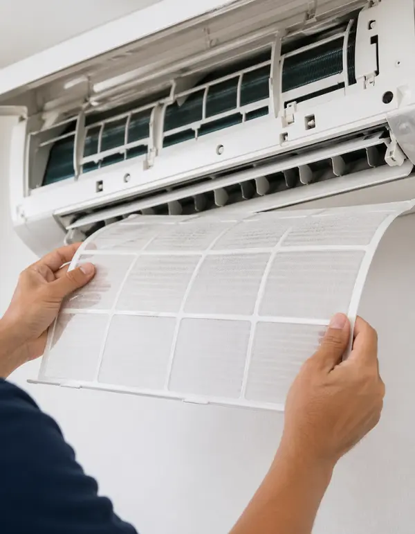 Mains d'un technicien expert effectuant l'entretien annuel d'une climatisation dans une villa à Hyères.